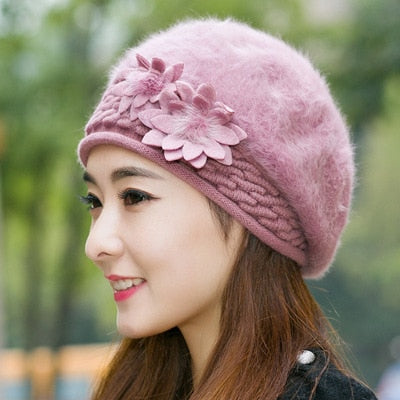 Fur Beret with Flower