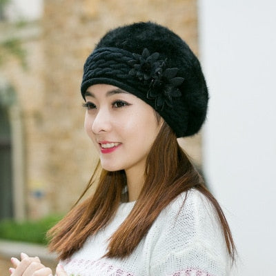 Fur Beret with Flower