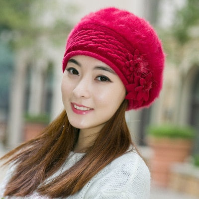 Fur Beret with Flower