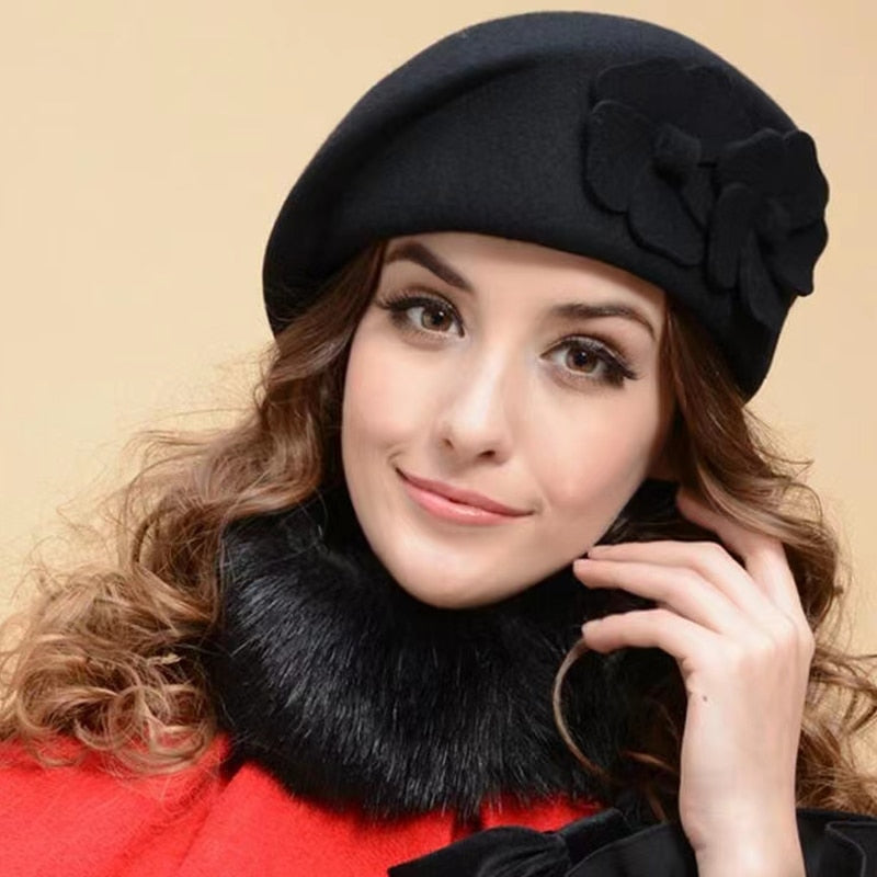 Wool Beret with Flower