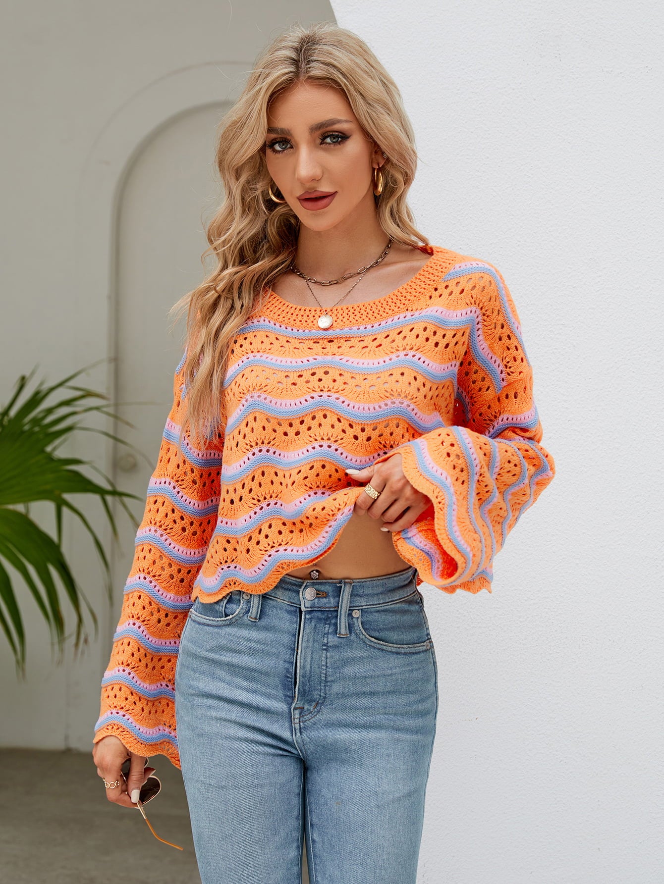 Openwork Flare Knit Top